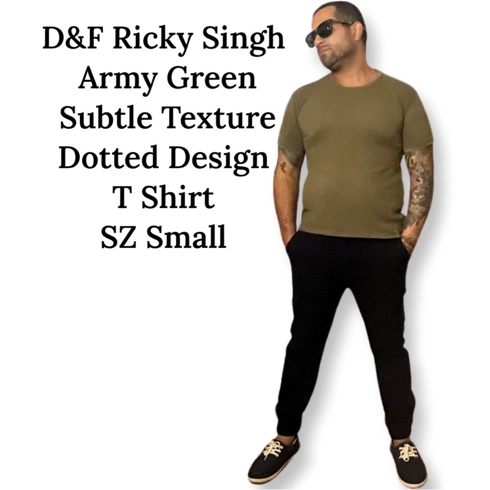 D&F Ricky Singh Army Green Subtle Texture Dotted Design T Shirt SZ Small